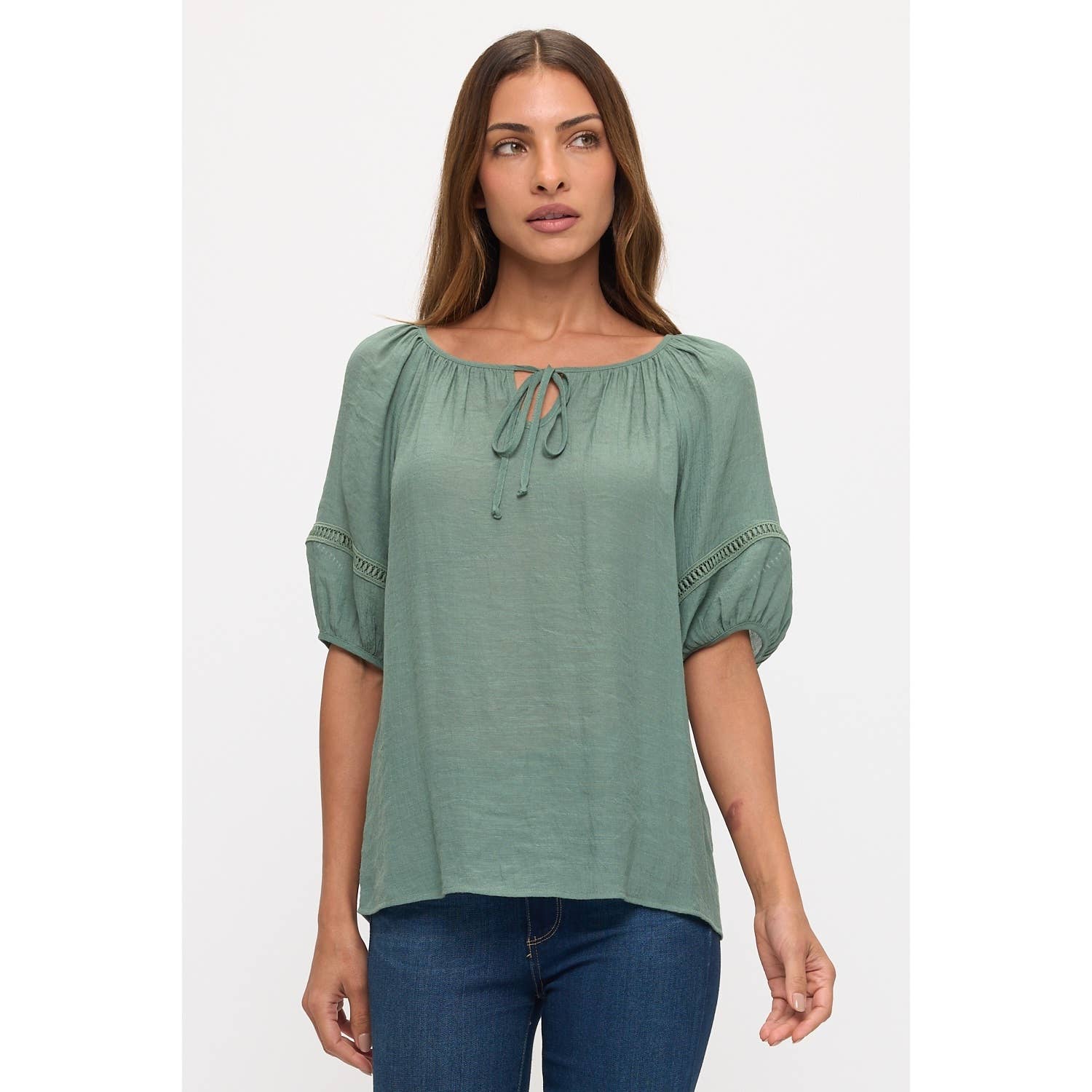 Crochet-Trim Tie-Neck Peasant Top
