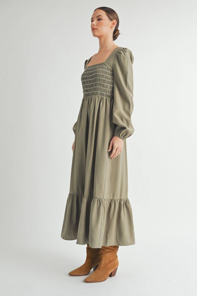 Olive Smocked Bodice Long Sleeve Midi Dress