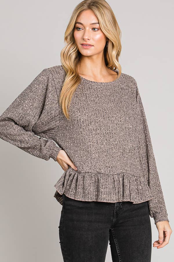 Ruffle Hem Brushed Rib Knit Long Sleeve Sweater