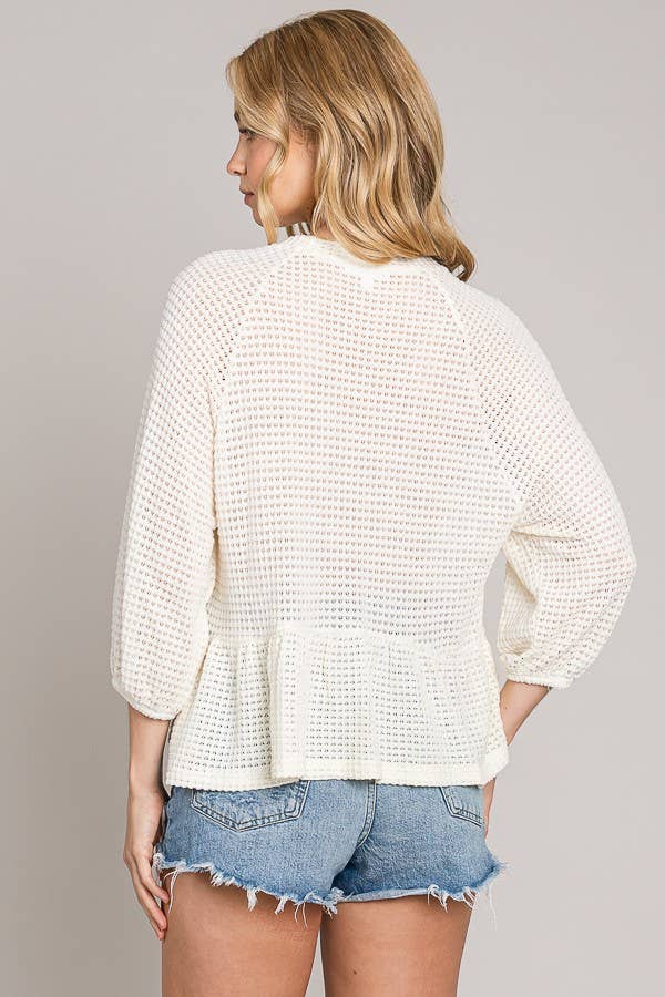 Peplum Soft Waffle Knit Top with Bracelet Sleeves