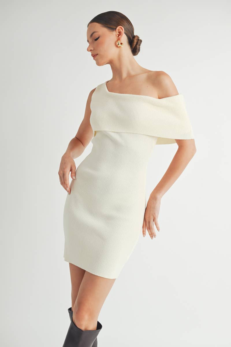 One Shoulder Ribbed Sweater Dress
