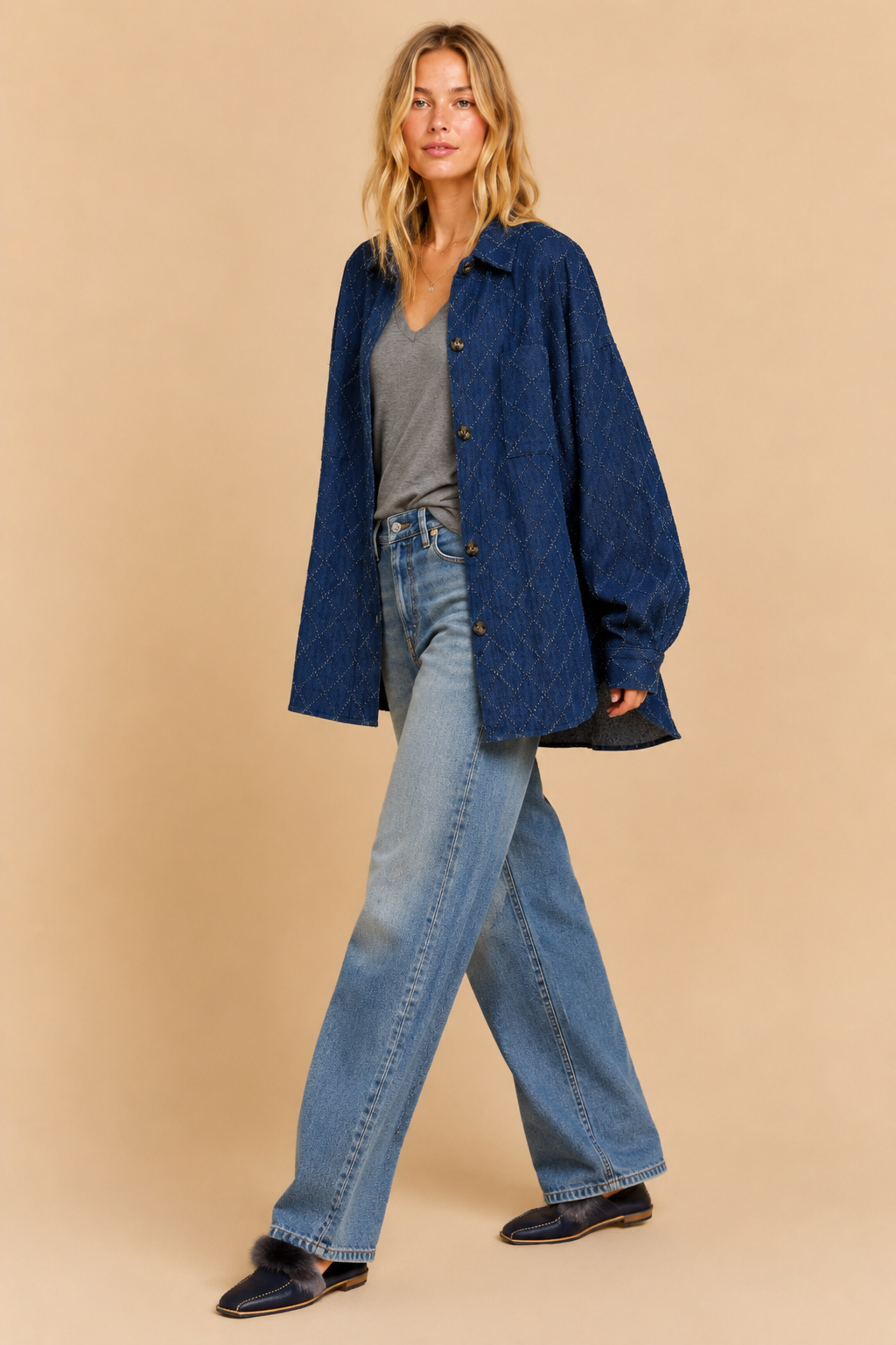 Diamond-Textured Oversized Denim Shacket