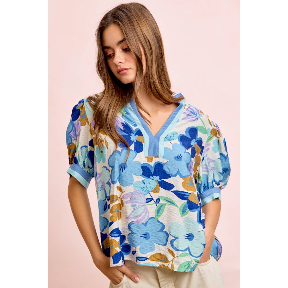 Bibi Woven Puff Sleeve Blouse with Contrast Trim