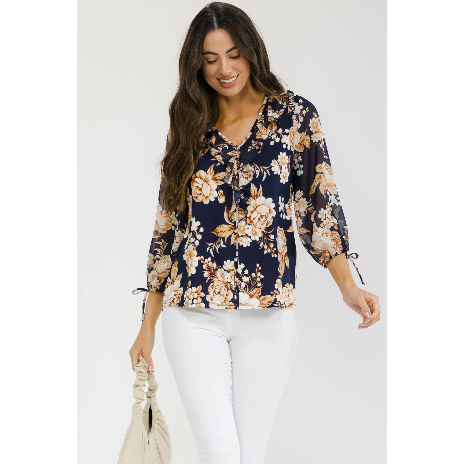 Gold Button with a Romantic Ruffle Front Blouse