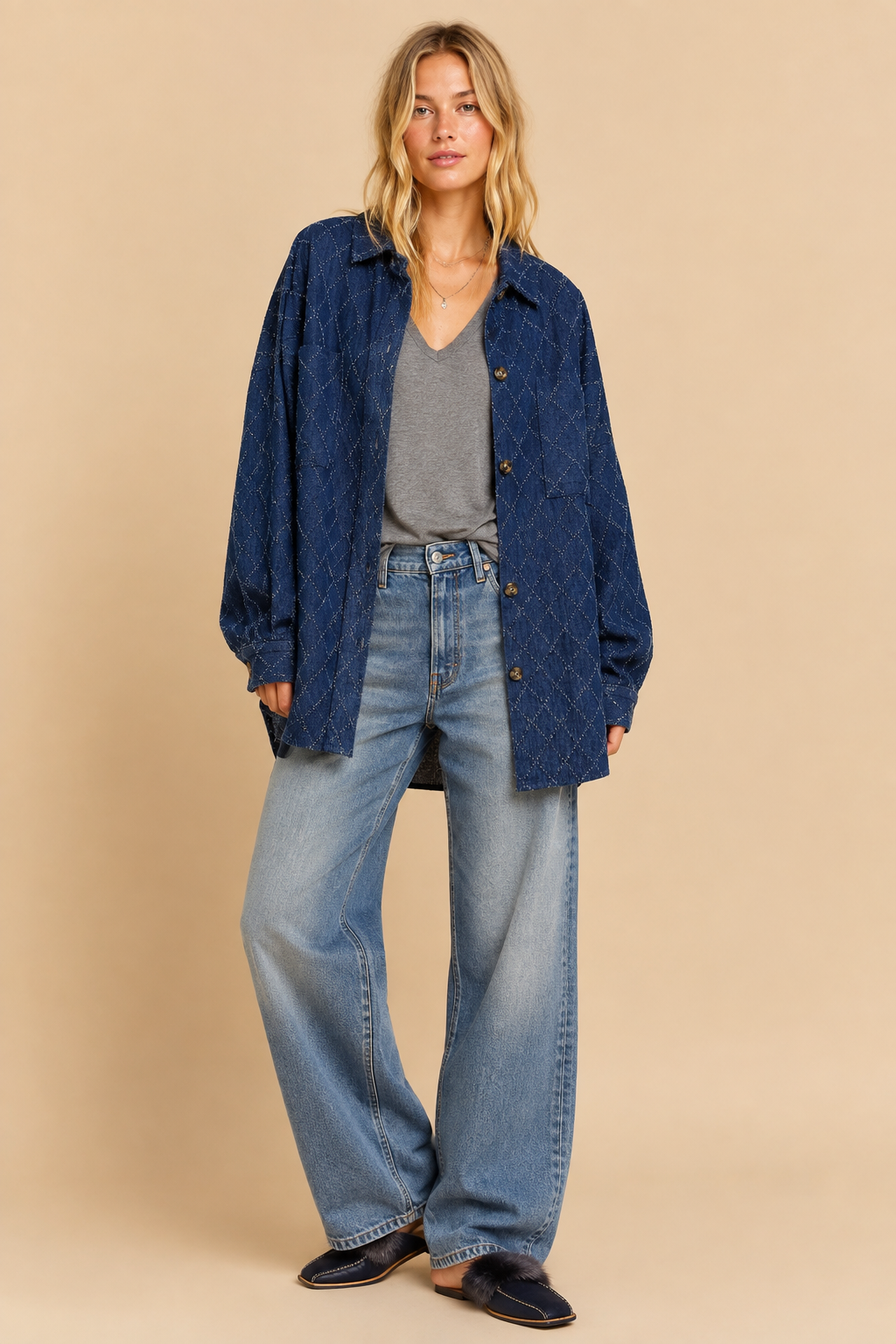 Diamond-Textured Oversized Denim Shacket