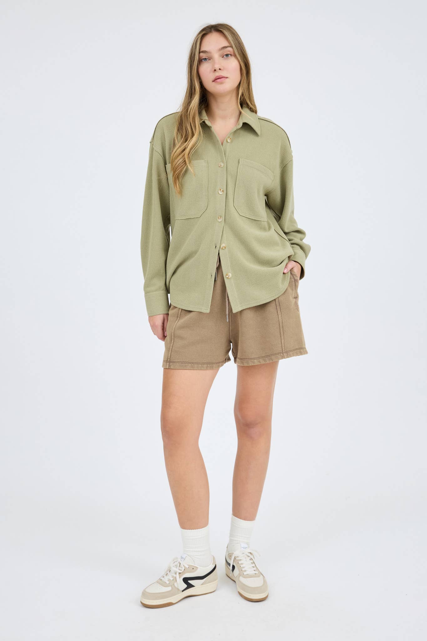 Blu Pepper Rib Knit Button-Up Top with Exposed Seams