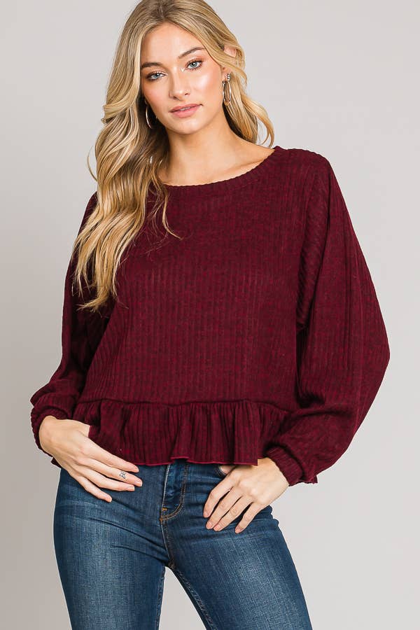 Ruffle Hem Brushed Rib Knit Long Sleeve Sweater