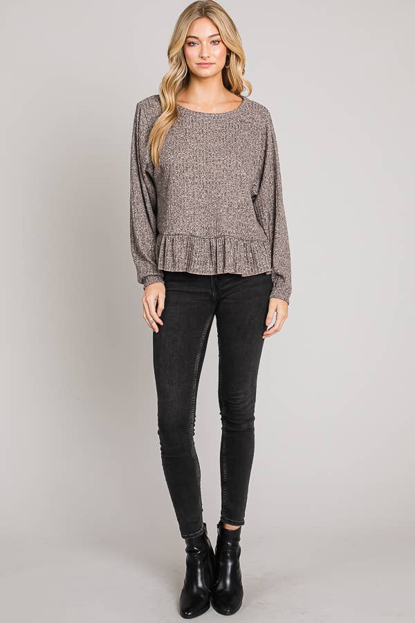 Ruffle Hem Brushed Rib Knit Long Sleeve Sweater