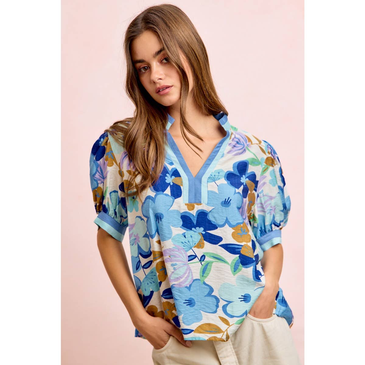 Bibi Woven Puff Sleeve Blouse with Contrast Trim
