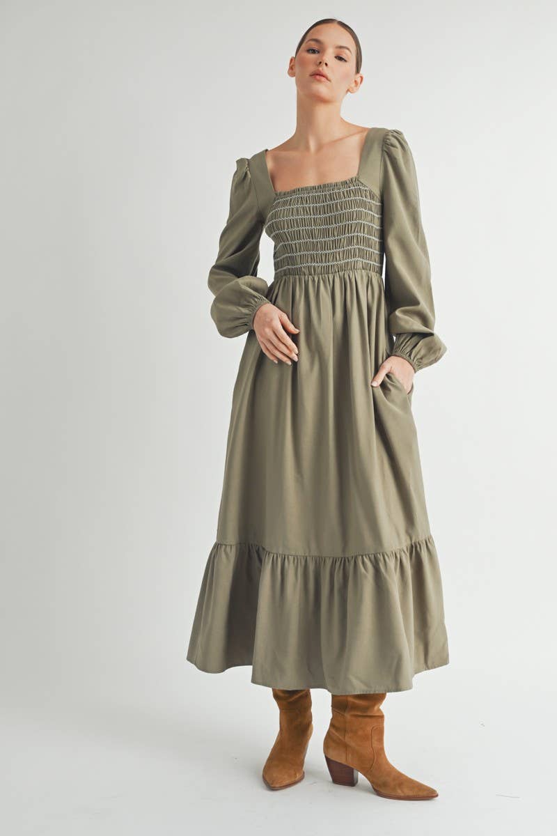 Olive Smocked Bodice Long Sleeve Midi Dress