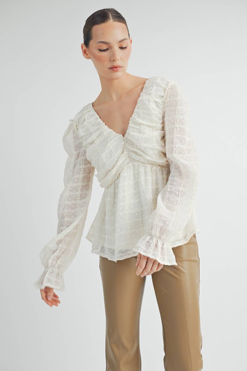 Sheer Textured V-Neck Blouse with Back Ribbon Bow