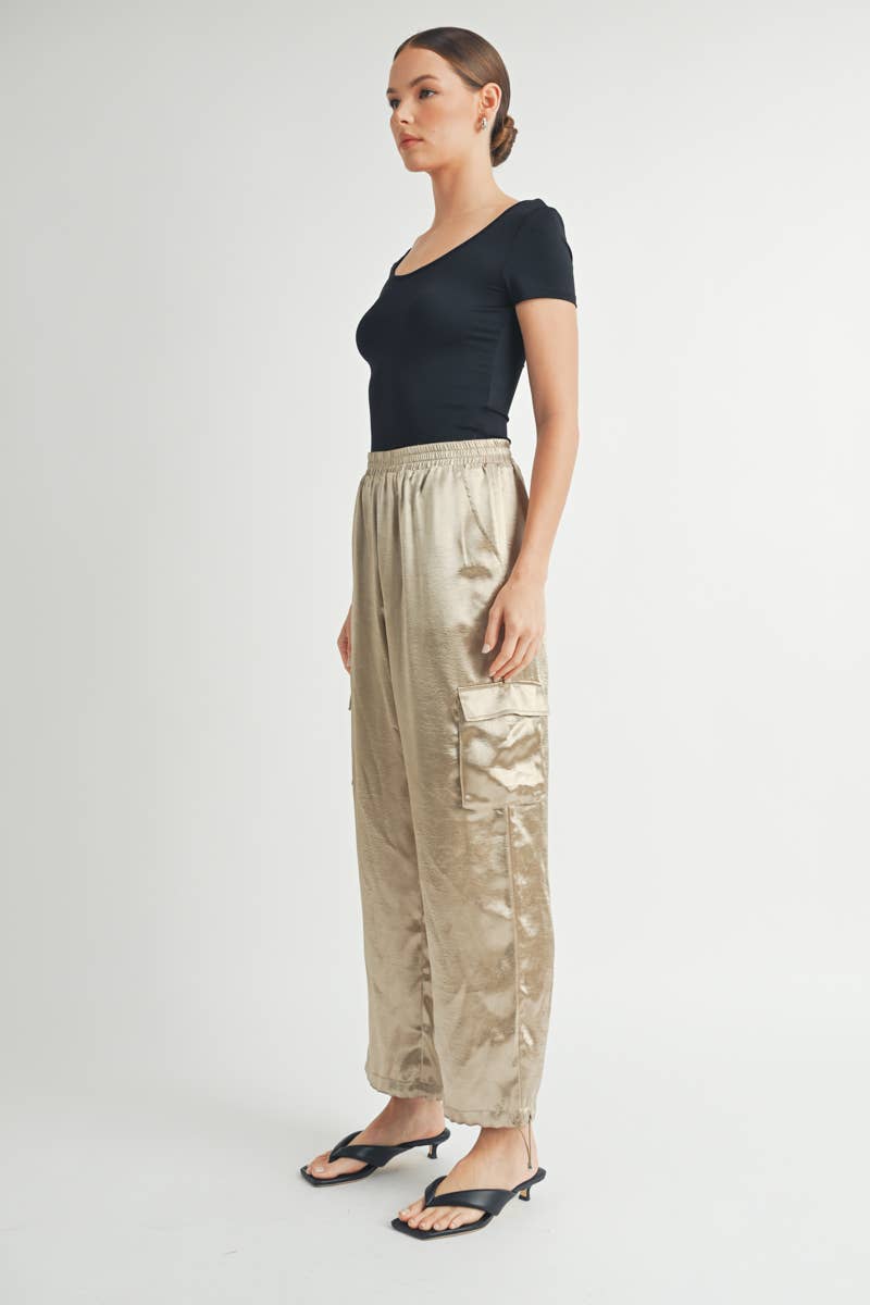 Satin Cargo Pants with Adjustable Drawstring Hem