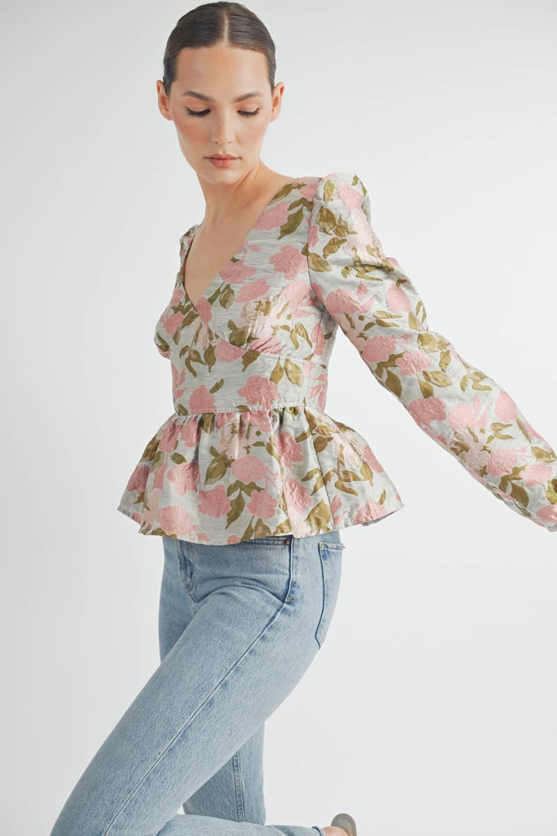 Floral Jacquard Peplum Blouse