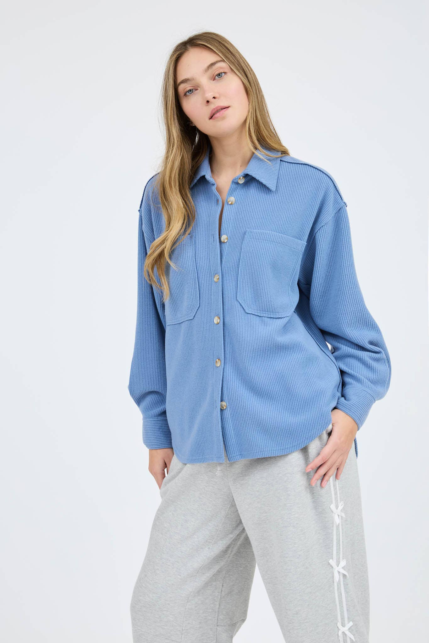 Blu Pepper Rib Knit Button-Up Top with Exposed Seams