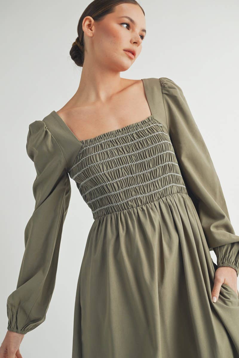 Olive Smocked Bodice Long Sleeve Midi Dress