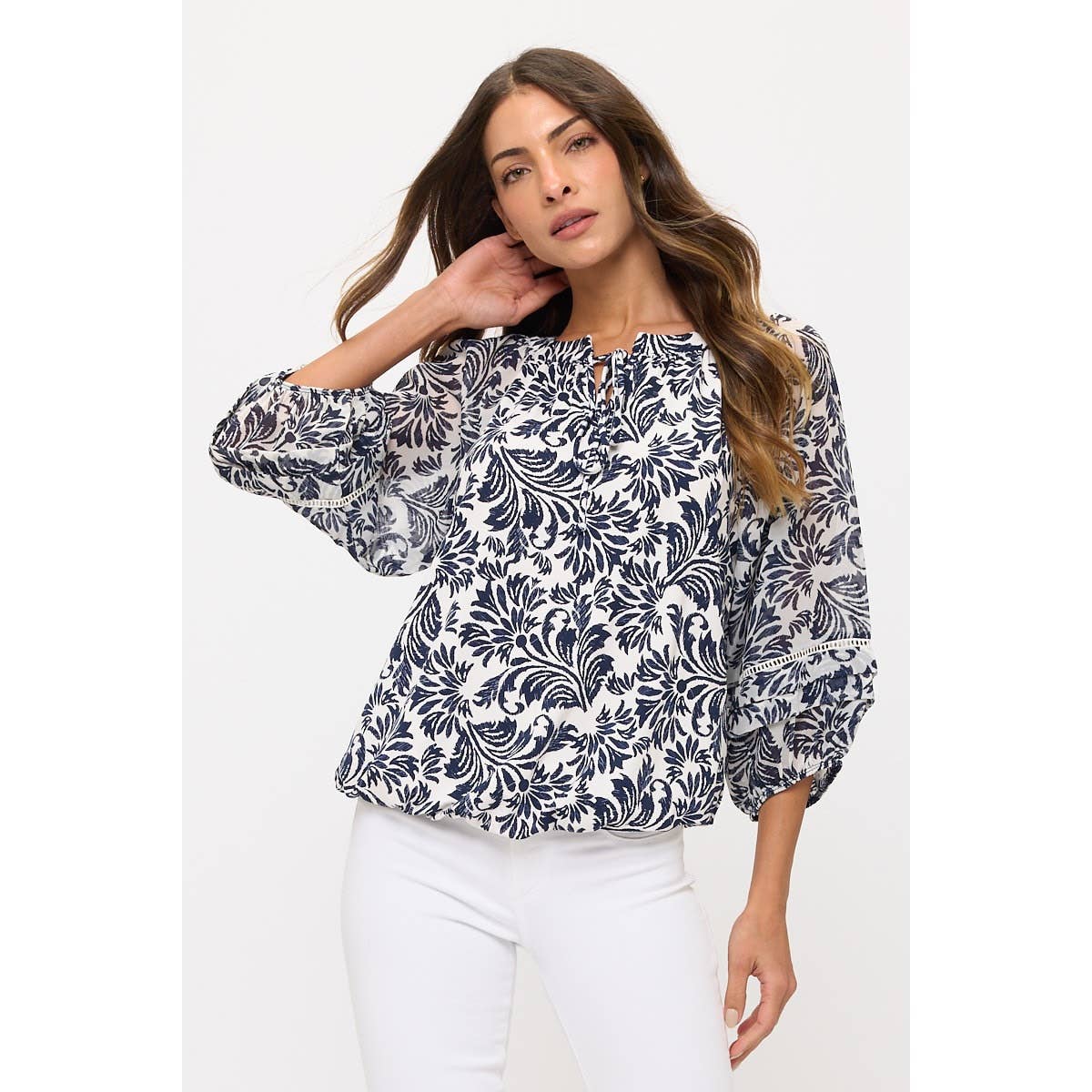 Mix Media Lattice Detail Bubble Hem Top