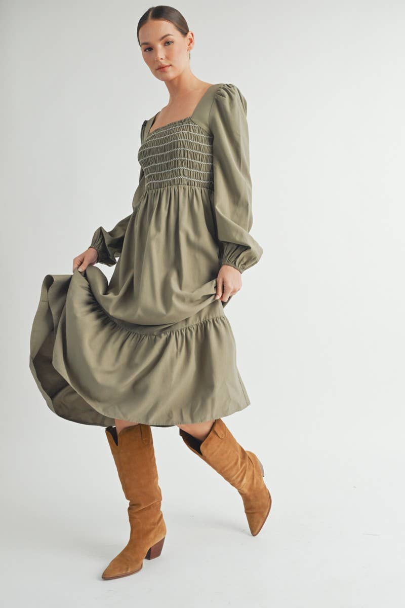 Olive Smocked Bodice Long Sleeve Midi Dress