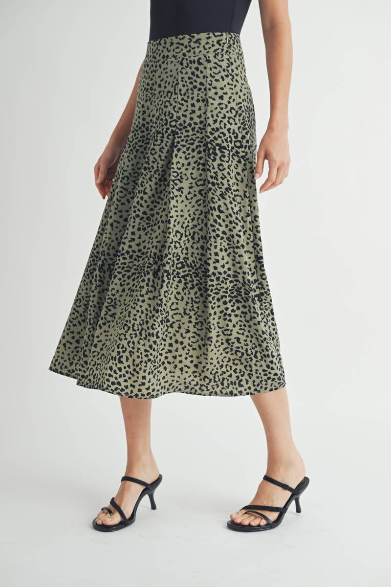 Olive Leopard Print Tiered Midi Skirt