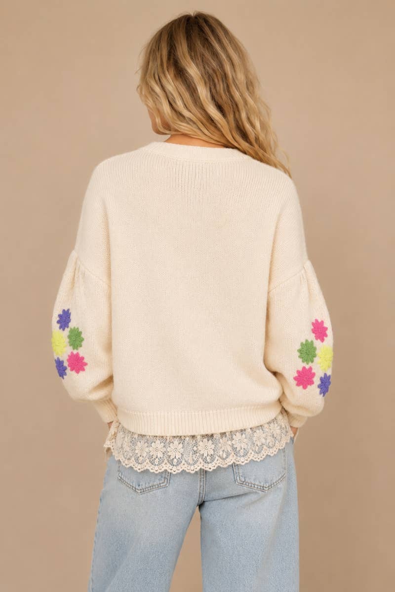 Floral Embroidered Round Neck Sweater Top