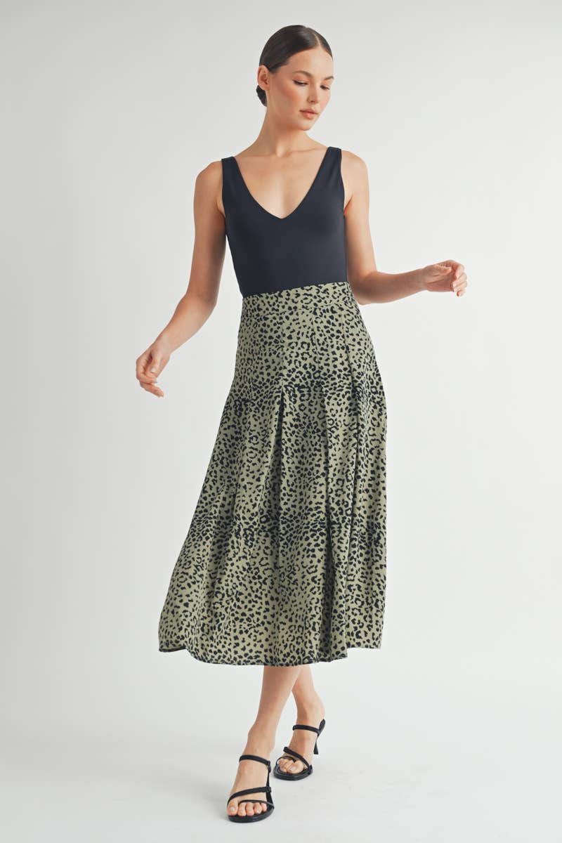Olive Leopard Print Tiered Midi Skirt