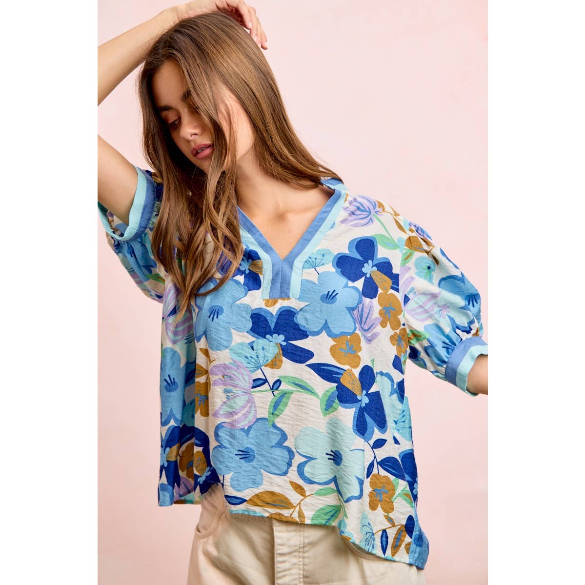 Bibi Woven Puff Sleeve Blouse with Contrast Trim