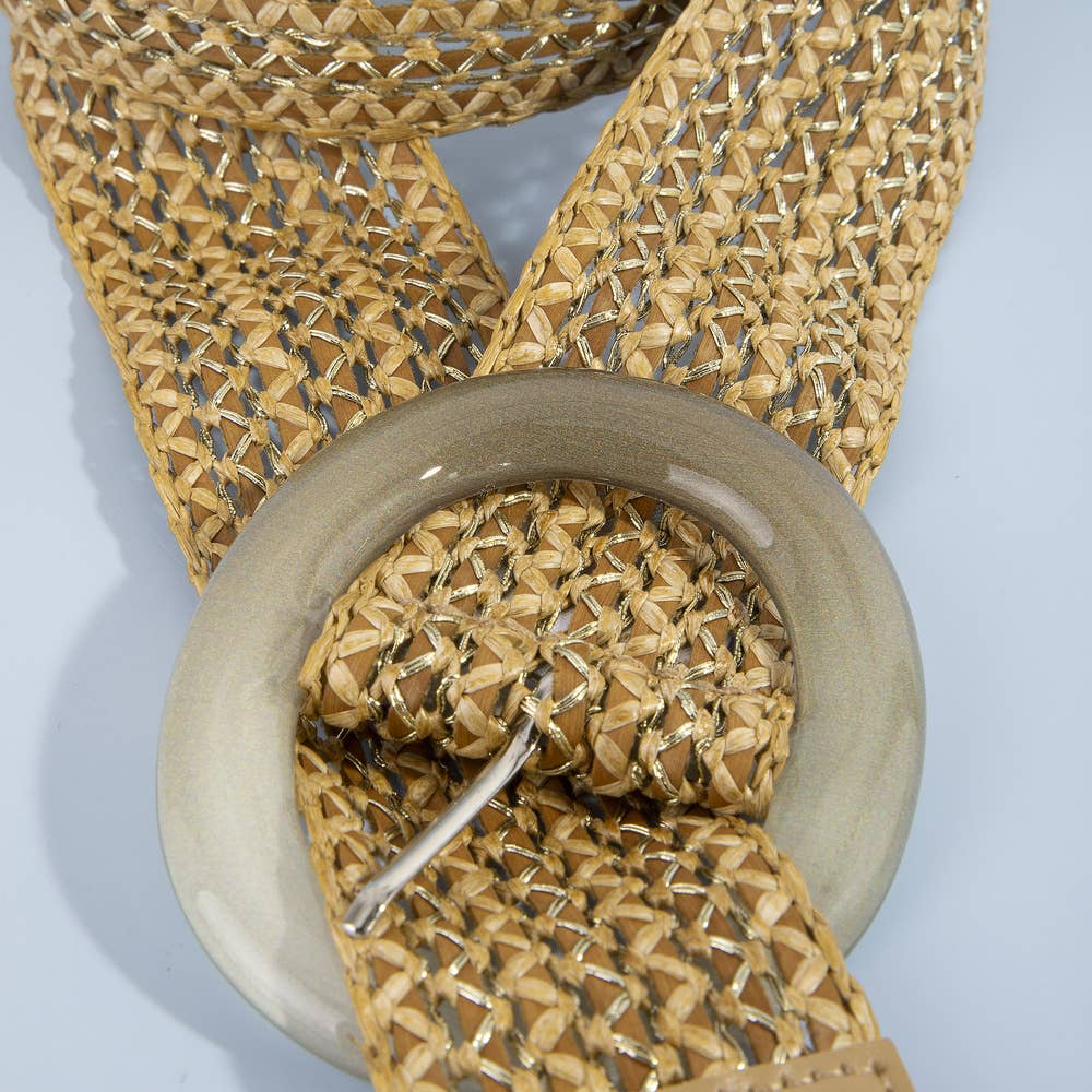 Wide Woven Straw Belt with Resin Buckle
