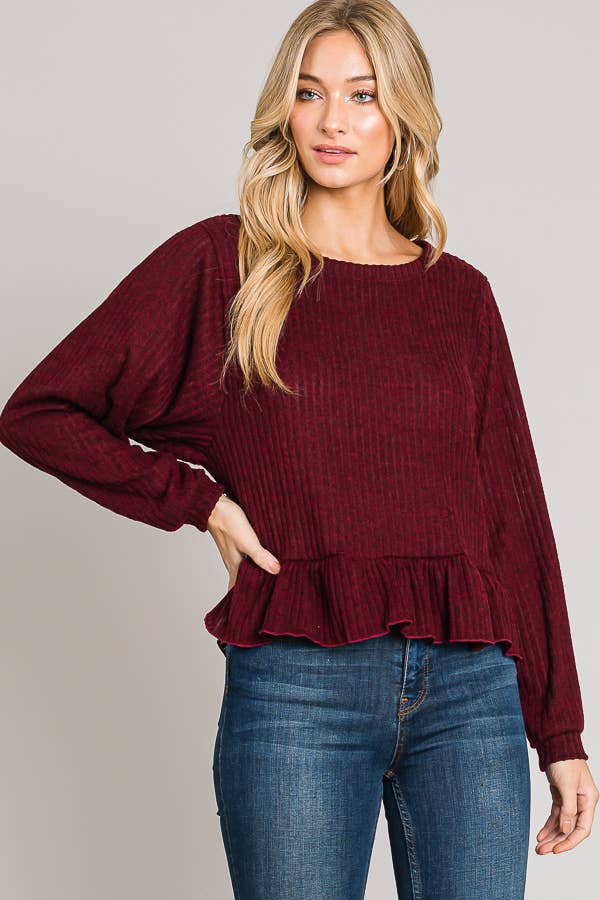Ruffle Hem Brushed Rib Knit Long Sleeve Sweater