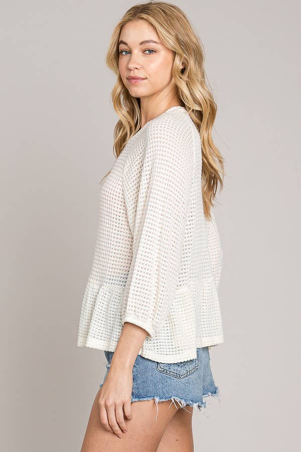 Peplum Soft Waffle Knit Top with Bracelet Sleeves