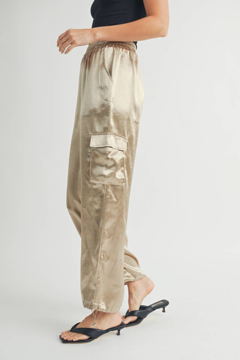 Satin Cargo Pants with Adjustable Drawstring Hem