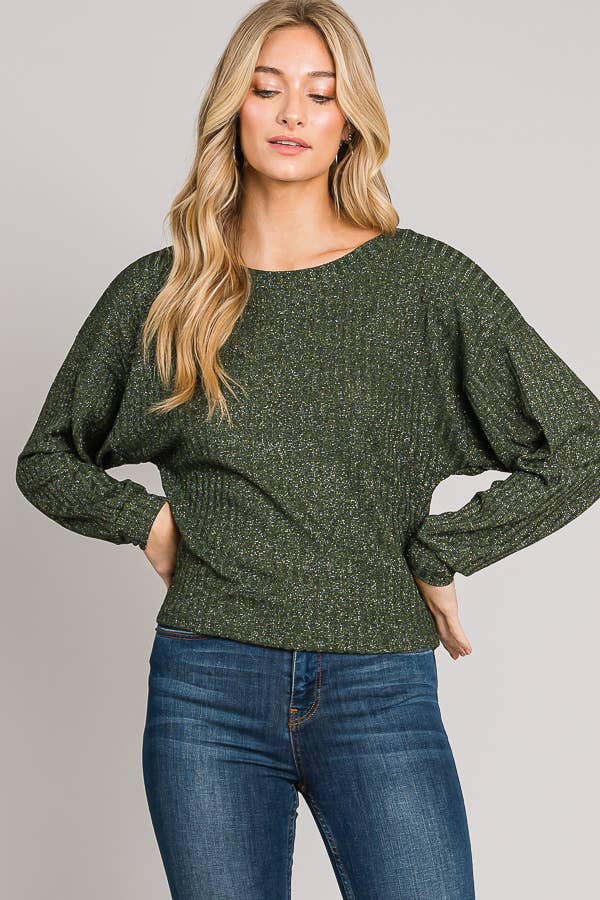Boxy Long Sleeve Shimmer Lurex Rib Knit Crop Sweater
