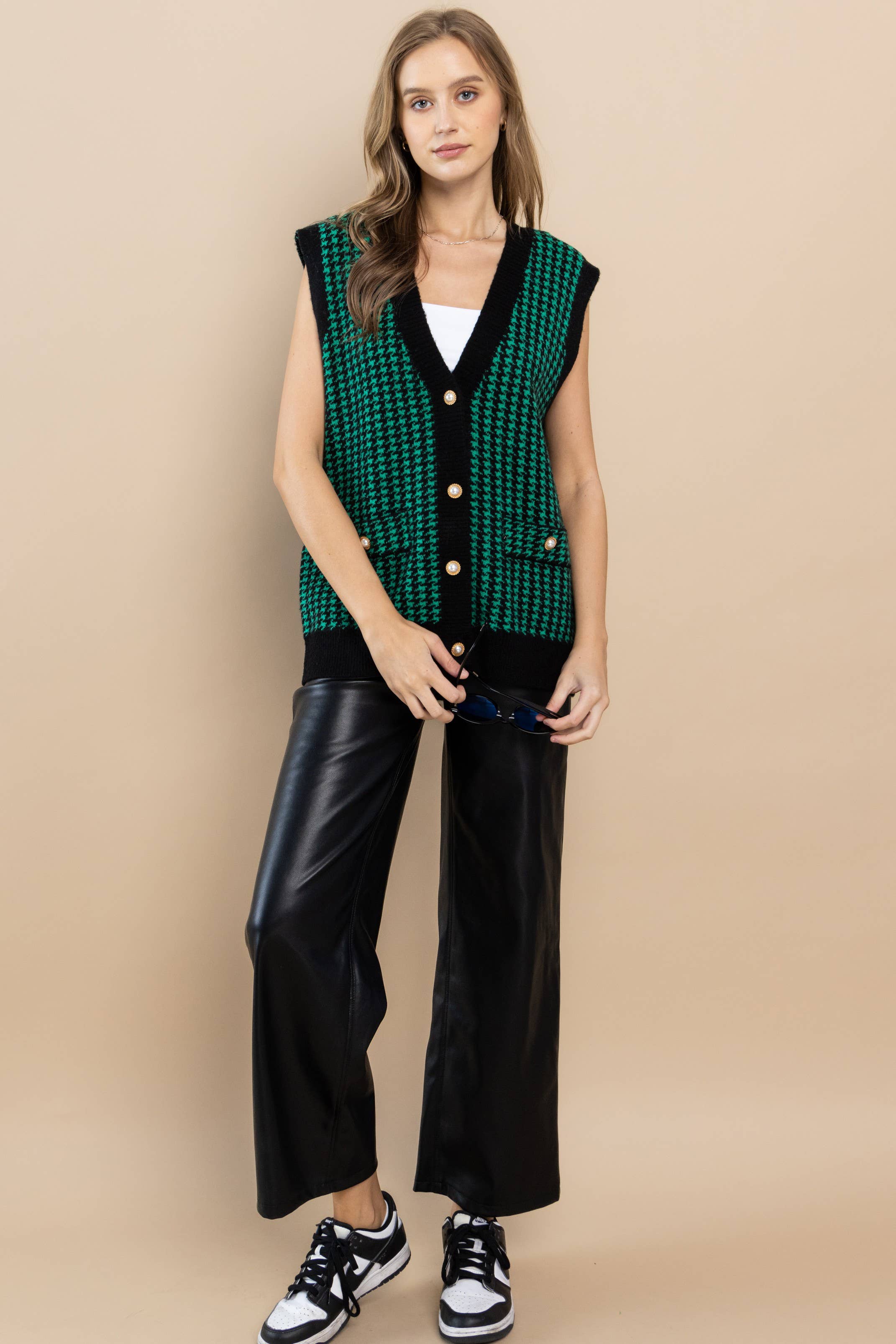 Button Front Sweater Vest with Houndstooth Pattern