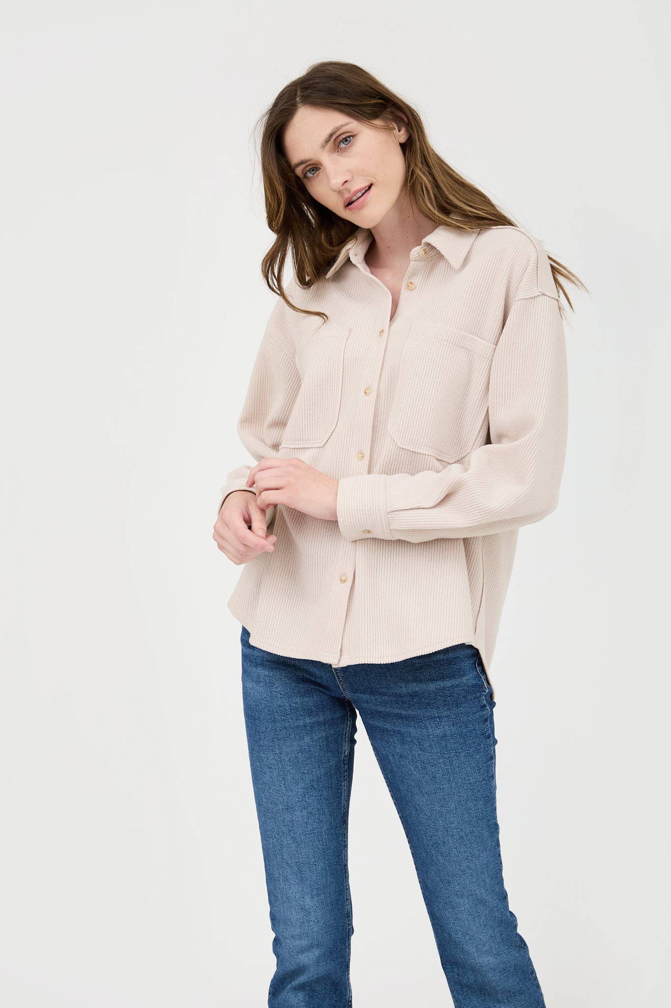 Blu Pepper Rib Knit Button-Up Top with Exposed Seams