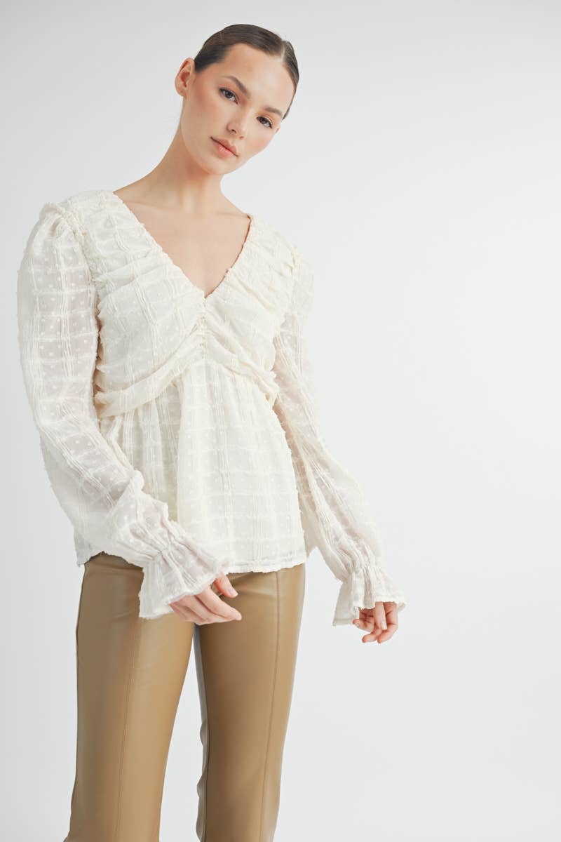 Sheer Textured V-Neck Blouse with Back Ribbon Bow