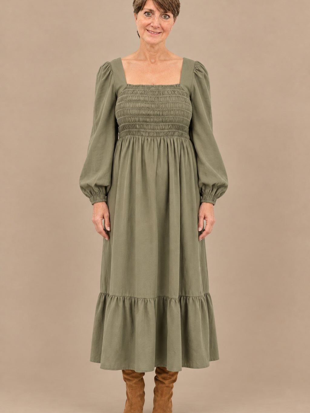 Olive Smocked Bodice Long Sleeve Midi Dress