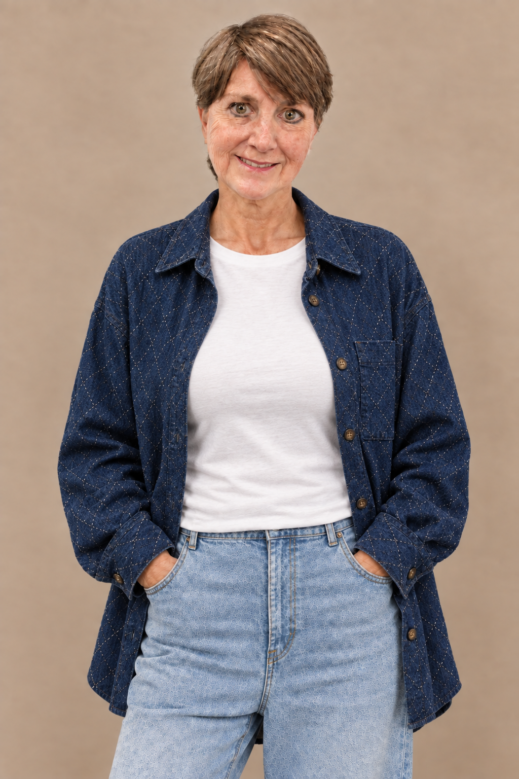 Shacket try-on with a fuller bust