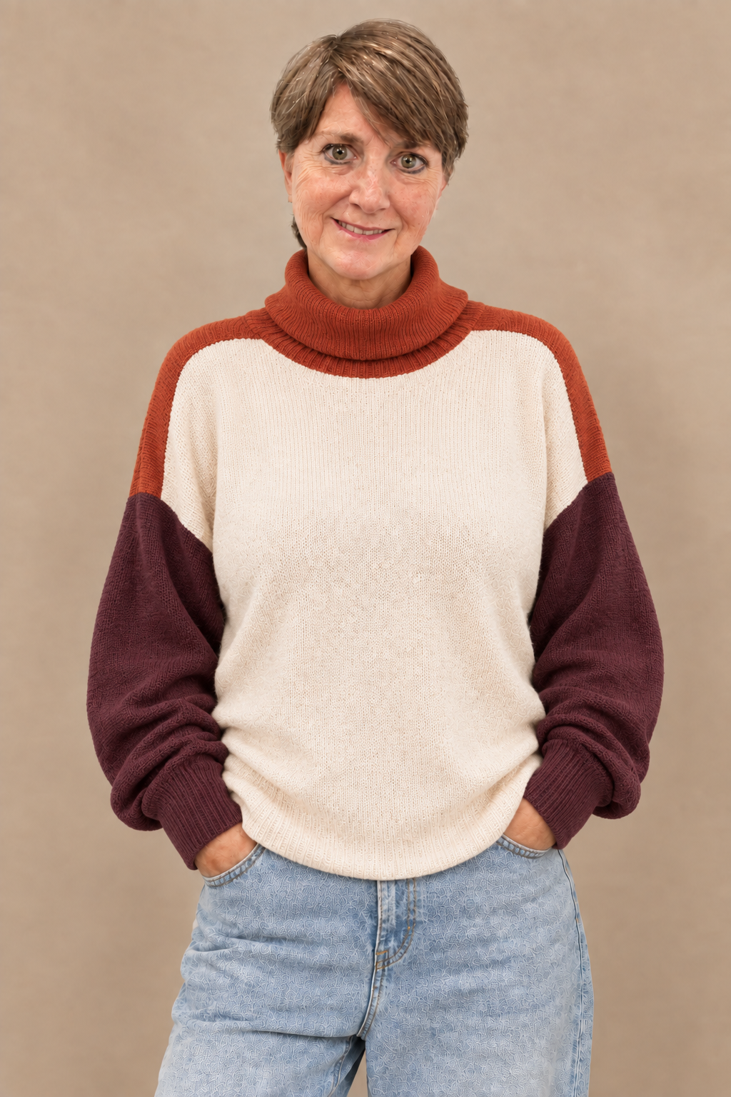 Your colorblock turtleneck try-on with the same jeans