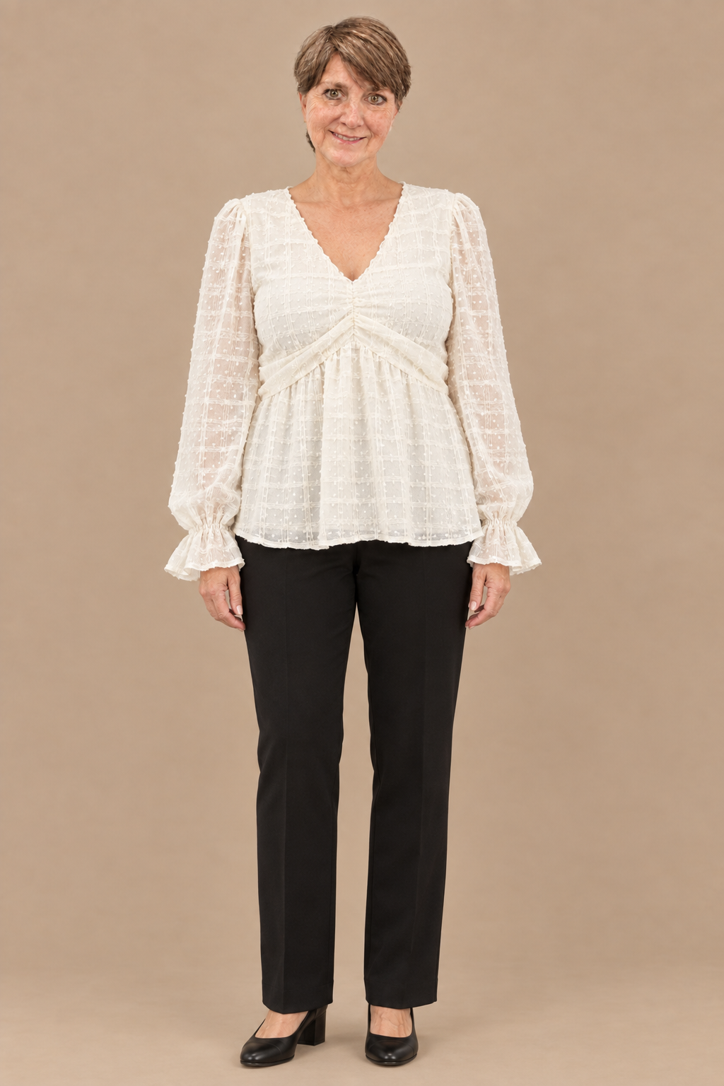 Your ivory blouse and black pants try-on